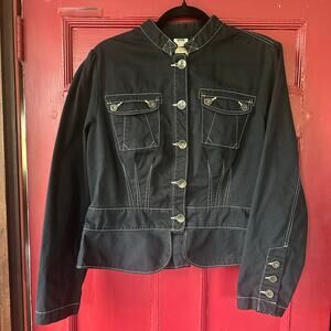 Vintage Faded Glory Size 14 Short Peplum Jean Jacket-Dark Black Wash Utility